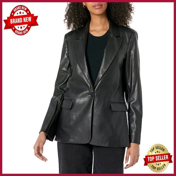 Faux Leather Blazer Regular Fit Functional Pockets Button Cuffs
